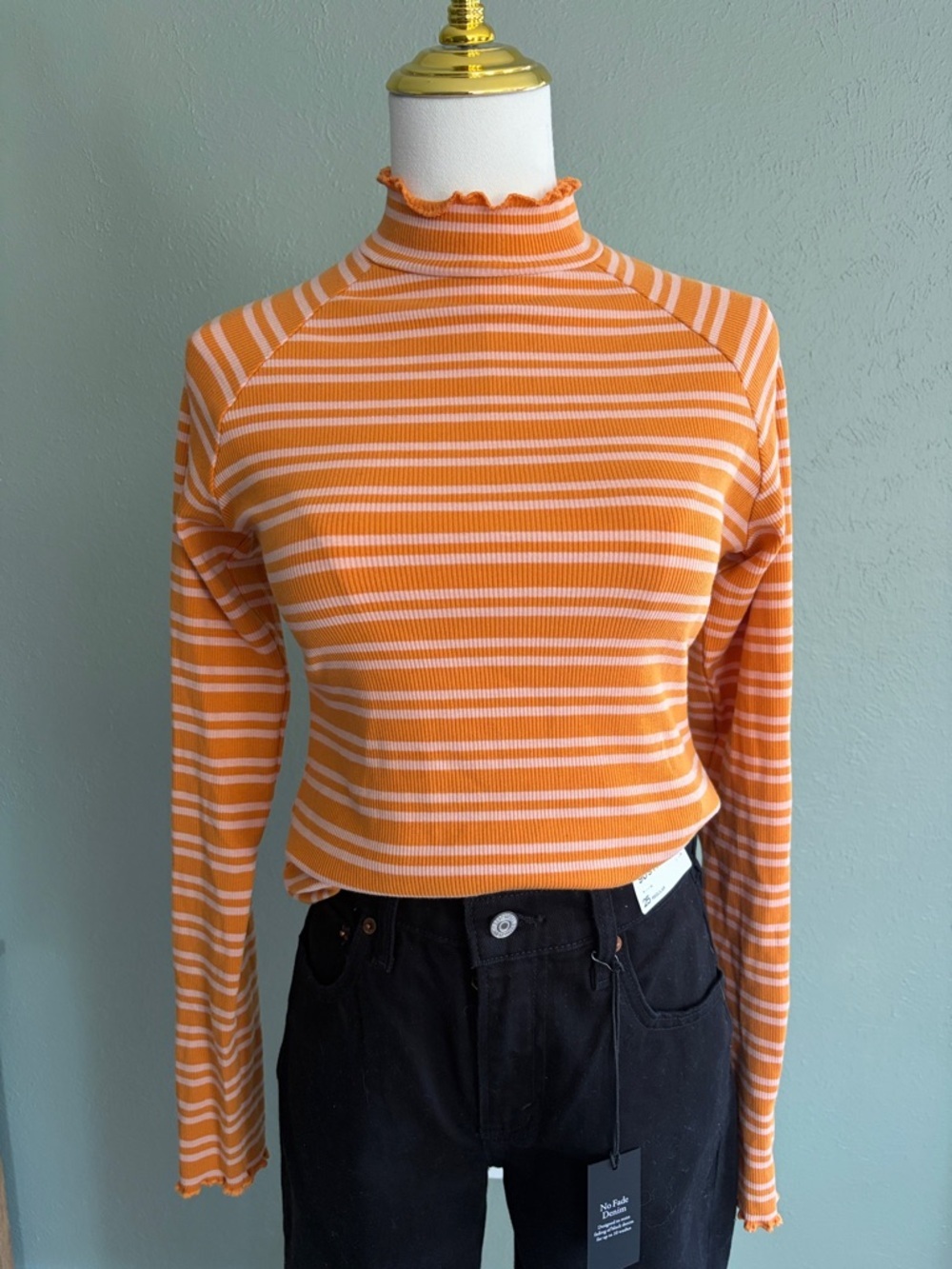 Free People Striped Mock Neck Long Sleeve Top in Orange size Medium